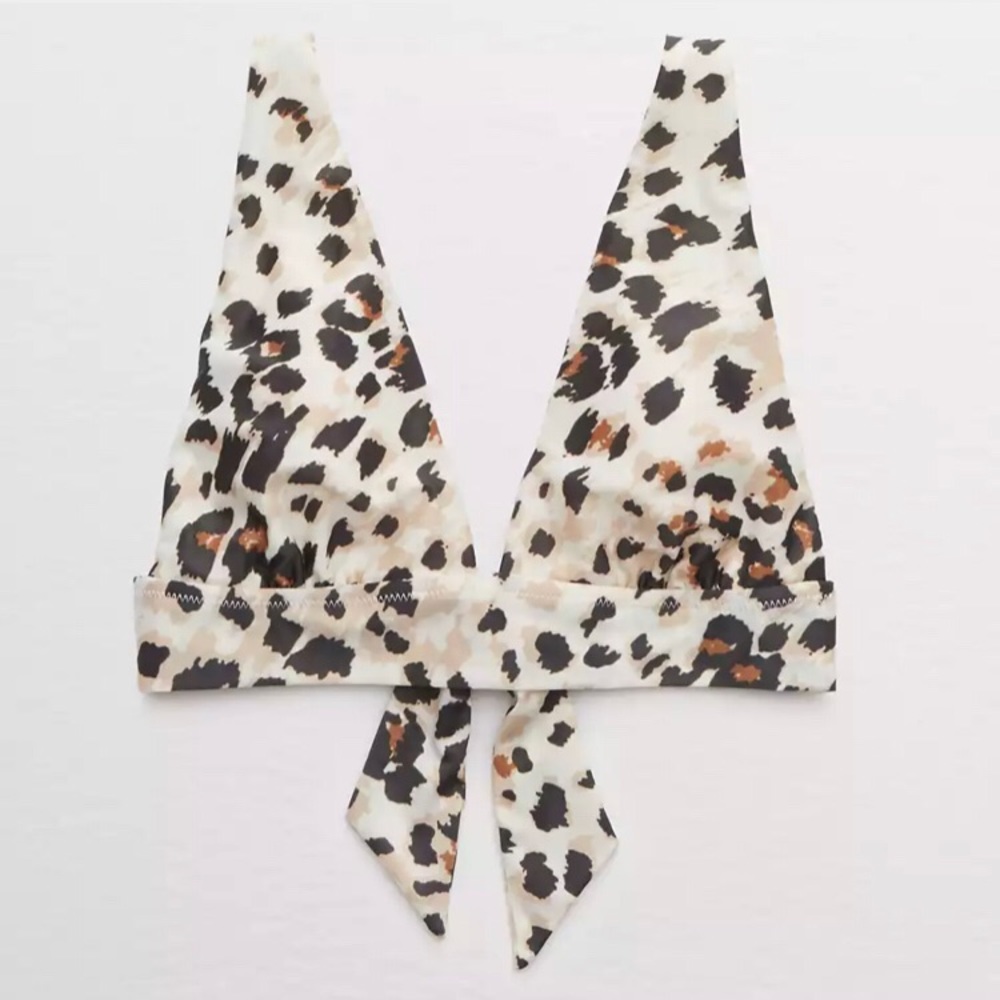 NWT aerie leopard tie longline triangle bikini top, cream, XL